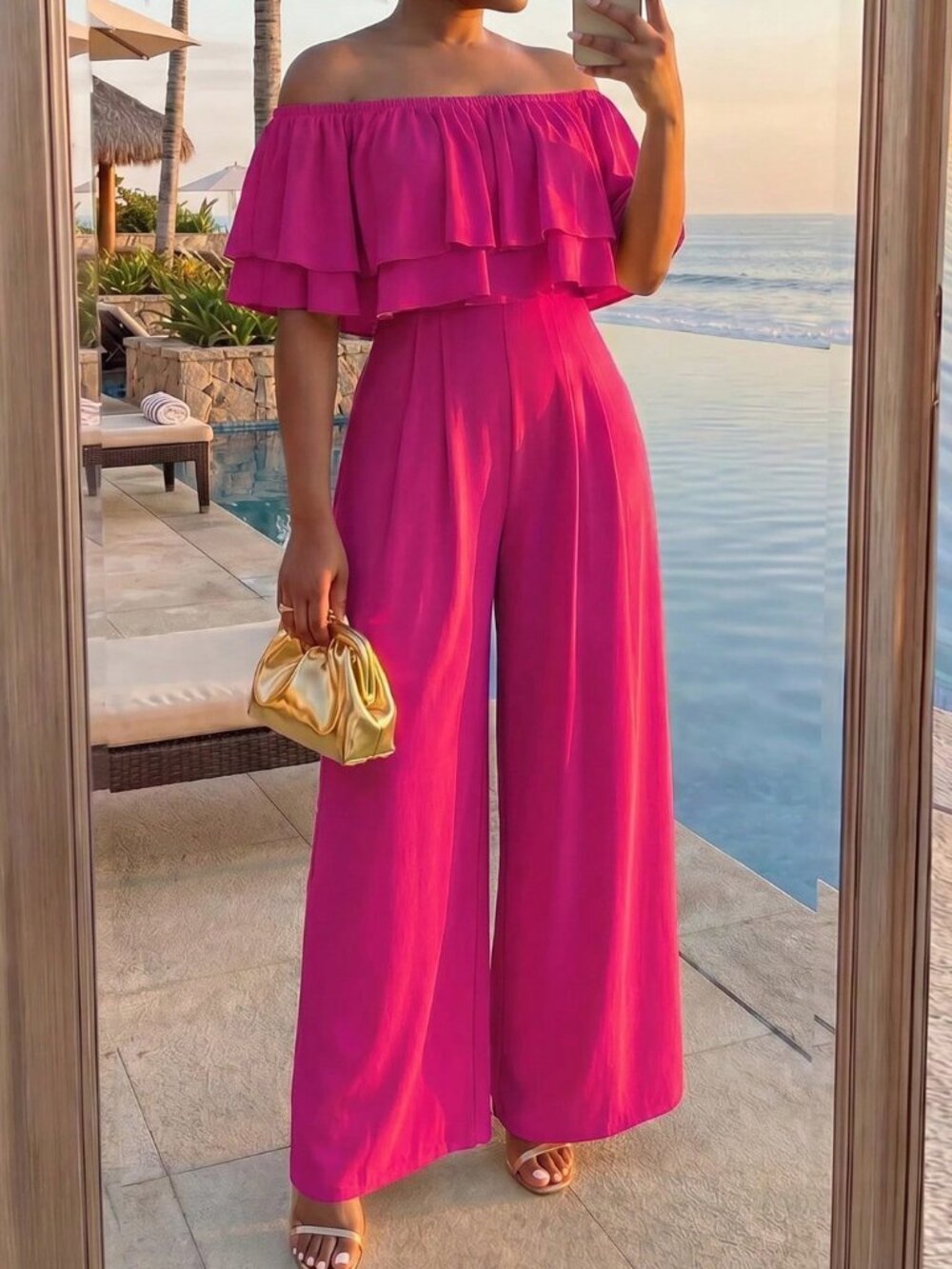 Hot Pink Casual Women's Plus Size Ruffle Off Shoulder Top & Wide Leg Pants Set - Picture 5 of 5